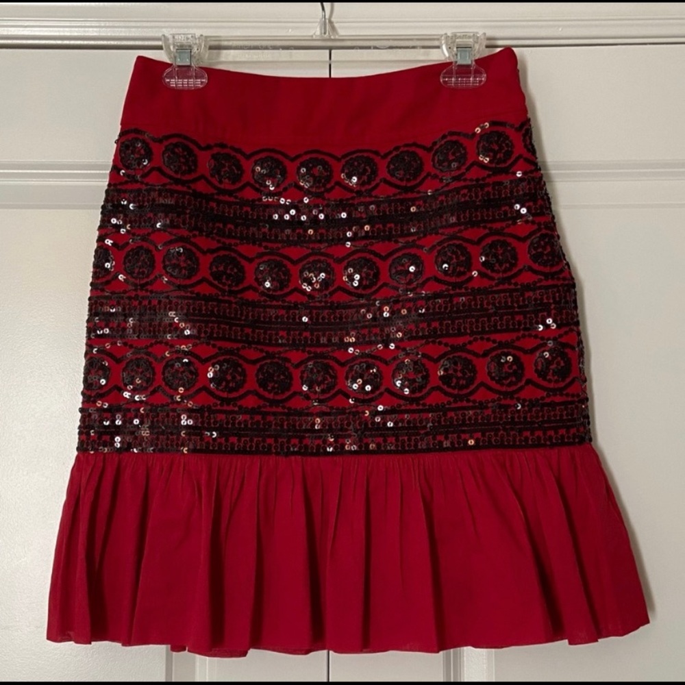 Anthropologie Moulinette Sours Suelta Red ruffle skirt with black sequins
